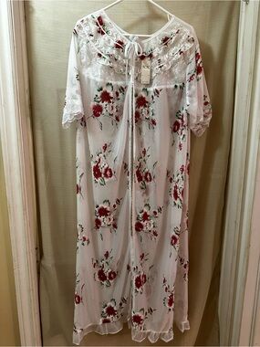 Vintage Floral Sheer Lace Ruffle Maxi Robe Duster Romantic Boho Lingerie